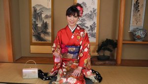 Yuria Tominaga wears such a wonderful kimono and a guy ask to stand by for a better view. The man sucks one of this doll's sweet tits while rubbing her slit. After getting chopsticks on her clit, this gal squirts from a fast fingering of cunt.video